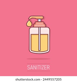 Hand sanitizer icon in comic style. Antiseptic bottle cartoon vector illustration on isolated background. Disinfect gel splash effect sign business concept.