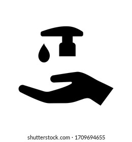 Hand sanitizer icon. Drop of sanitizer liquid, disinfectant, antiseptic or soap falling on hand. Vector Illustration