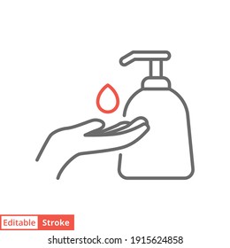 Hand sanitizer icon, line style. Washing hand with sanitizer liquid soap. Vector illustration. Design on white background. Editable stroke EPS 10