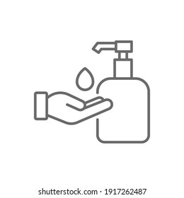 Hand sanitizer icon, line style. Washing hand with sanitizer liquid soap. Vector illustration. Design on white background. EPS 10