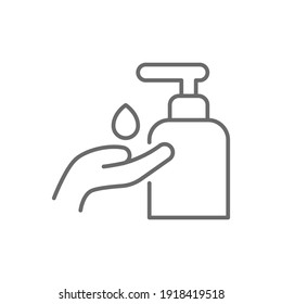 Hand sanitizer icon, line style. Washing hand with sanitizer liquid soap. Vector illustration. Design on white background. EPS 10