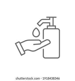 Hand sanitizer icon, line style. Washing hand with sanitizer liquid soap. Vector illustration. Design on white background. EPS 10