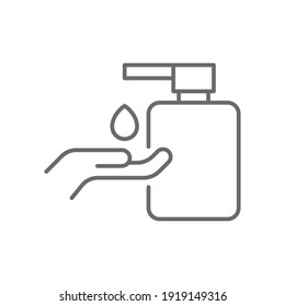 Hand sanitizer icon, line style. Washing hand with sanitizer liquid soap. Vector illustration. Design on white background. EPS 10