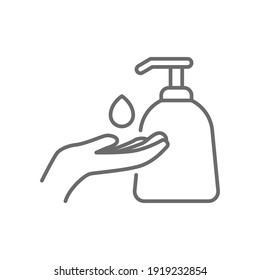 Hand sanitizer icon, line style. Washing hand with sanitizer liquid soap. Vector illustration. Design on white background. EPS 10