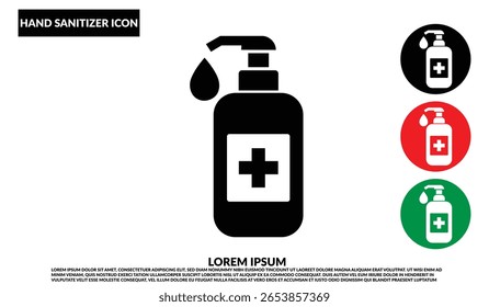Hand sanitizer icon set, Hand sanitizer icon in black silhouette, Hygiene bottle with pump and droplet, Cleanliness symbol for health, safety, and virus protection