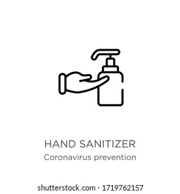 Handanitisierer-Symbol. Dünne Linienkontur-Symbol für Zuschauer einzeln auf weißem Hintergrund aus der Kollektion zur Vorbeugung gegen Coronavirus. Modernes Zeilensymbol, Symbol, Strich für Web und Mobile