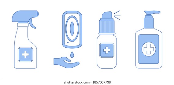 Hand sanitizer icons set. Alcohol disinfectants are used against bacteria, flu, viruses, fungi, coronavirus. Hygienic product. Disinfectant bottles. Prevention of the spread of Covid -19. Flat vector.