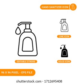 Hand sanitizer icons set vector illustration with solid icon line style. Washing hand soap concept. Editable stroke icon on isolated background for web design, infographic and UI mobile app.