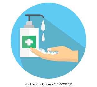 Hand sanitizer isolated with bottle pump. Washing of alcohol gel used against viruses, bacteria, flu, coronavirus. Waterless hand cleaner. Vector illustration, flat design.
