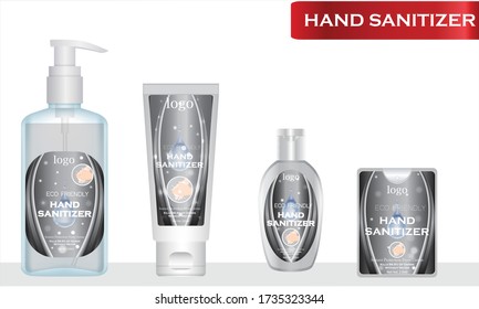 Hand sanitizer with label design. Packaging design. Advertising of hand sanitizer. Hand disinfectant. Personal hygiene. vector Illustration