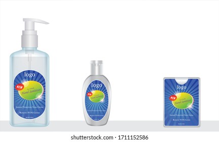 sanitizer und Taschenhandanitizer mit Etikettendesign bereit zum Anprobieren. Vektorillustration