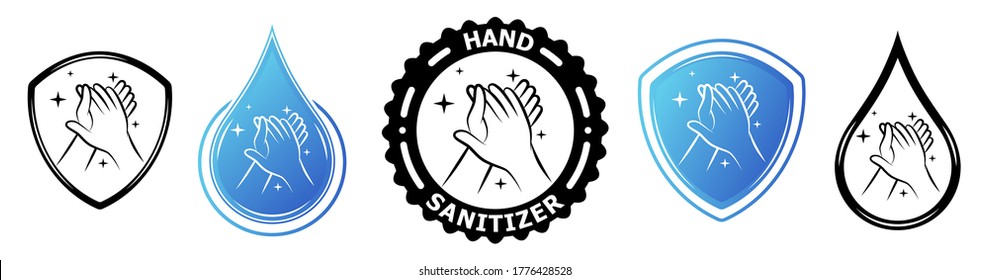 Hand sanitizer label with shield and water drop logo. Vector antiseptic symbols. Medical antibacterial alcohol hand wash. Healthy safe product package tag. Disease prevention. 
