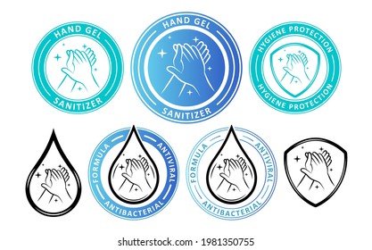 Hand sanitizer label with shield and water drop logo. Vector antiseptic symbols. Medical antibacterial alcohol hand wash. Healthy safe product package tag. Disease prevention. 
