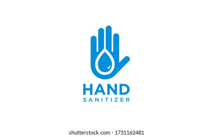 Hand sanitizer label with water drop, shield and hand design vector editable. Protection campaign or measure from coronavirus or COVID 19 protection logo.
