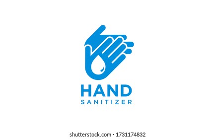 Hand sanitizer label with water drop, shield and hand design vector editable. Protection campaign or measure from coronavirus or COVID 19 protection logo.