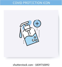 Hand sanitizer line icon. Sanitizing gel in dispenser. Hand disinfection. Gel soap. Hygiene and disinfection concept. Coronavirus spread prevention. Isolated vector illustration. Editable stroke 