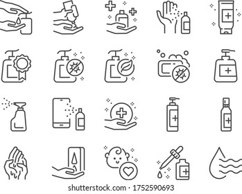 Conjunto de iconos de línea de sanitizador manual. Iconos incluidos como lavado de manos, gel de mano, gel de alcohol, spray de alcohol, higiene y más.