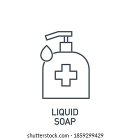 Hand Sanitizer Or Liquid Soap Bottle With Drop Of Antiseptic Gel Single Line Icon Isolated On White. Outline Icon Symbol Coronavirus Covid 19 Banner Wash Element With Editable Stroke Line Thickness