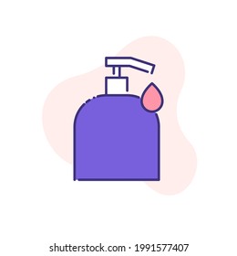 Hand Sanitizer Or Liquid Soap Bottle With Drop Of Antiseptic Gel Single Flat Line Icon Isolated On White. Outline Icon Symbol Coronavirus Covid 19 Banner Wash Flat Element