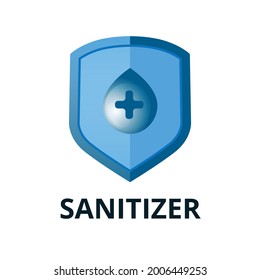 Hand sanitizer logo design with water drop and shield protection symbol with medical cross sign in blue color
