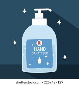 Hand sanitizer with long shadow in flat style vector illustration. Simple antibacterial hand sanitizer bottle clipart cartoon style, hand drawn doodle style. Hygiene product cute vector illustration