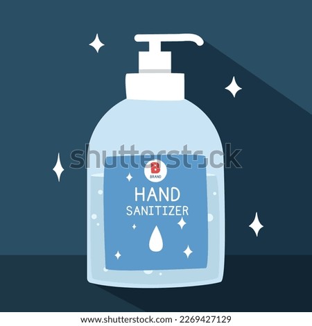 Hand sanitizer with long shadow in flat style vector illustration. Simple antibacterial hand sanitizer bottle clipart cartoon style, hand drawn doodle style. Hygiene product cute vector illustration