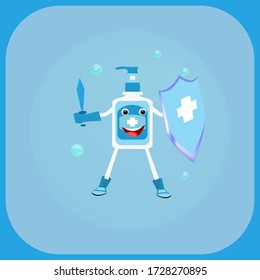 hand sanitizer mascot with shield ,icon,symbol  fight covid-19 corona virus. logo  cure corona virus.fight virus concept. 
