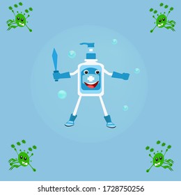 Hand Sanitizer Mascot With Sword, Antibacterial Fight Covid-19 Corona Virus. Icon,logo, Cure Corona Virus.fight Virus Concept. 