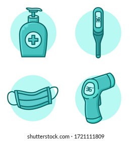 Hand Sanitizer Mask and Thermometer for Prevention Pandemic. Vector Icon Concept