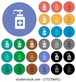 Hand sanitizer multi colored flat icons on round backgrounds. Included white, light and dark icon variations for hover and active status effects, and bonus shades.