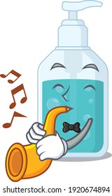 Hand sanitizer musician of cartoon design playing a trumpet