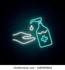 Hand sanitizer neon sign. Antibacterial hand gel prevention of coronavirus. Vector design for social media and network.