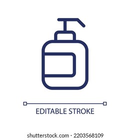 Icono de ui lineal perfecto para el píxel del sanitizador manual. Desinfectante líquido. Embalaje del frasco de la bomba. GUI, diseño UX. Esquema de elemento de interfaz de usuario aislado para aplicación y web. Trazo editable. Tipo de letra arial utilizado