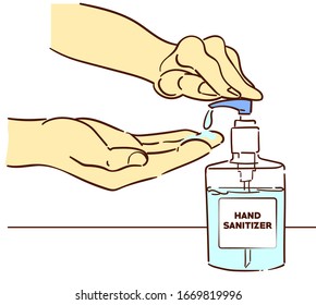 Hand Sanitizer to prevent colds, virus, Coronavirus, infection control concept. Hand drawn thin line style, vector illustrations.