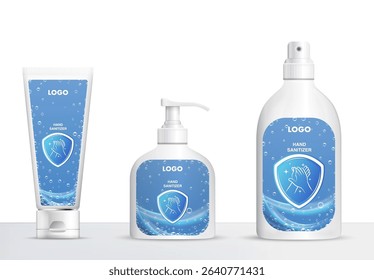 Hand sanitizer product packaging mockup design. Clean vector illustration of three different containers with customizable branding, ideal for hygiene, health, and safety themes.
