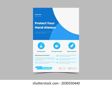 Hand sanitizer promotion flyer template. Hygiene hand sanitizer promotion poster leaflet design. Hand sanitizer product promotion flyer template