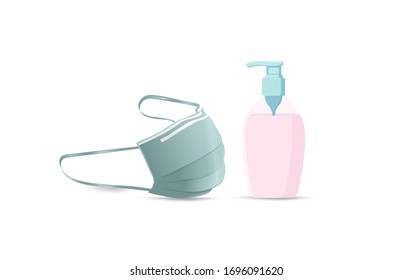 Frasco de bomba de desinfectante manual y máscara higiénica o médica desechable, ilustración vectorial