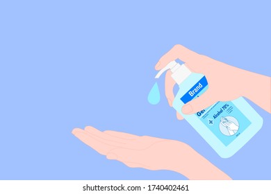  mano con botellas de bombeo de desinfectante a mano y gota. Método de prevención de enfermedades. Evite la infección por gérmenes utilizando gel de alcohol. Producto desinfectante. publicidad médica. Dejen de contagiarse.