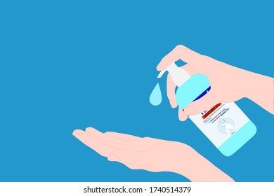  mano con botellas de bombeo de desinfectante a mano y gota. Método de prevención de enfermedades. Evite la infección por gérmenes utilizando gel de alcohol. Producto desinfectante. publicidad médica. Dejen de contagiarse.
