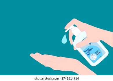  mano con botellas de bombeo de desinfectante a mano y gota. Método de prevención de enfermedades. Evite la infección por gérmenes utilizando gel de alcohol. Producto desinfectante. publicidad médica. Dejen de contagiarse.