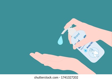 mano con botellas de bombeo de desinfectante a mano y gota. Método de prevención de enfermedades. Evite la infección por gérmenes utilizando gel de alcohol. Producto desinfectante. publicidad médica. Dejen de contagiarse.