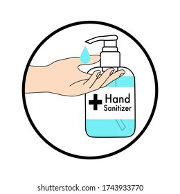 hand with hand sanitizer pump bottle and drop in the outline circle. Disease prevention method. Avoid germs infection. Disinfectant product. medical advertisement. Stop spreading contagious.