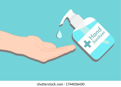 hand with hand sanitizer pump bottle and drop on the blue background. Disease prevention method. Avoid germs infection. Disinfectant product. medical advertisement. Stop spreading contagious.