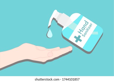 con una botella de bombeo de sanitizer a mano y suelte sobre el fondo azul. Método de prevención de enfermedades. Evitar la infección por gérmenes. Producto desinfectante. publicidad médica. Dejen de contagiarse.