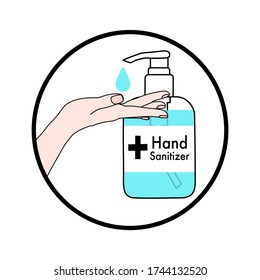 hand with hand sanitizer pump bottle and drop in the outline circle. Disease prevention method. Avoid germs infection. Disinfectant product. medical advertisement. Stop spreading contagious.