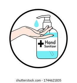 mano con el frasco de la bomba del limpiador de manos y suelte el círculo del contorno. Método de prevención de enfermedades. Evitar la infección por gérmenes. Producto desinfectante. publicidad médica. Dejen de contagiarse.