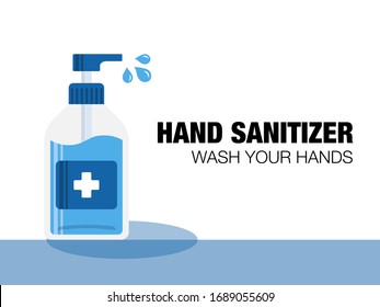 Hand sanitizer pump bottle. Flat vector background of alcohol gel for hand washing to protect the virus, bacteria or pollution. Hygienic product in flat design style with disinfection concept.