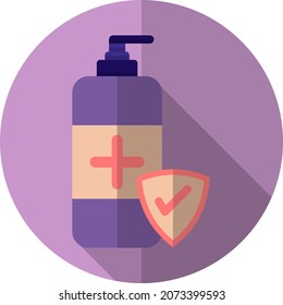 Handanisierer Pumpen Flasche Symbol und rosafarbene Schild mit Markierung einzeln auf violettem Hintergrund. Flache Symbole. Schild Symbol Vektor. Symbol-Illustration für Sicherheit und Schutz.