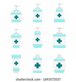 Hand sanitizer pump bottle set . Alcohol gel for washing hands, washing gel, gel pump bottle, vector illustration