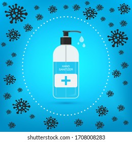 Hand sanitizer pump bottle in shell. Alcohol gel. Kill coronavirus and stop most bacteria viruses. Sanitizer bottle, hygiene product. Covid-19 spread prevention. Stop No Infection.